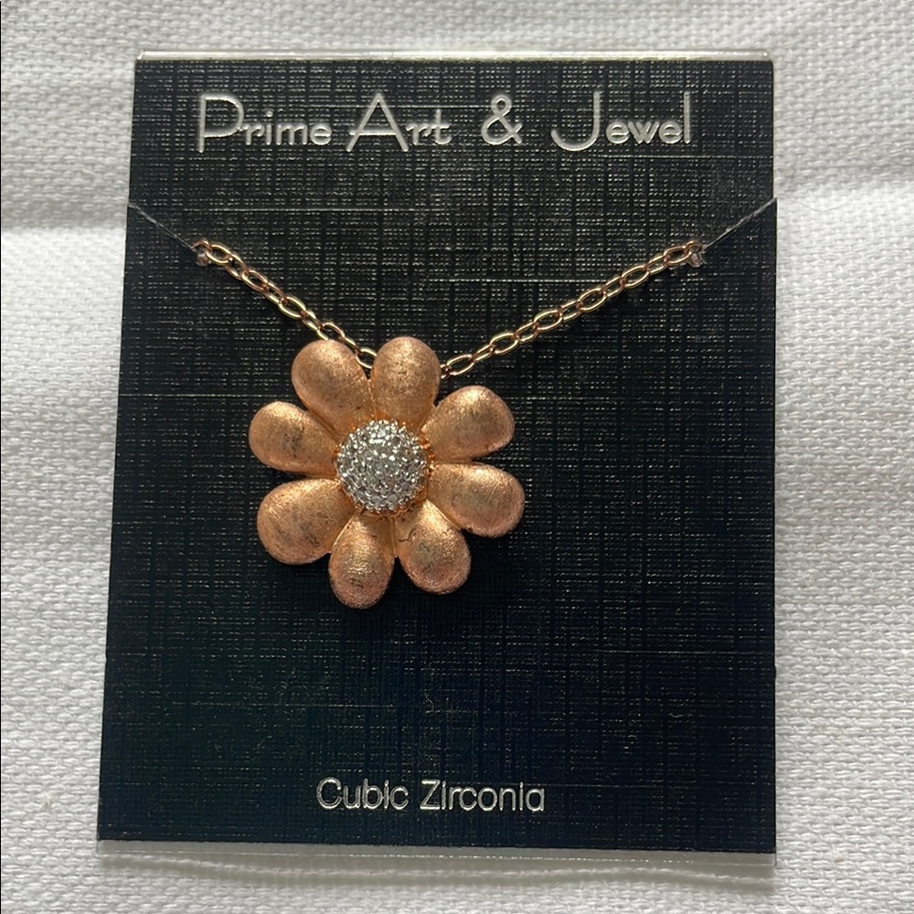 Copper Toned Flower with Cubic Zirconia Centered Necklace